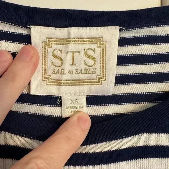 Sail to Sable STS Navy and White Striped Bell Sleeve Sweater Dress XS - Picture 3 of 11